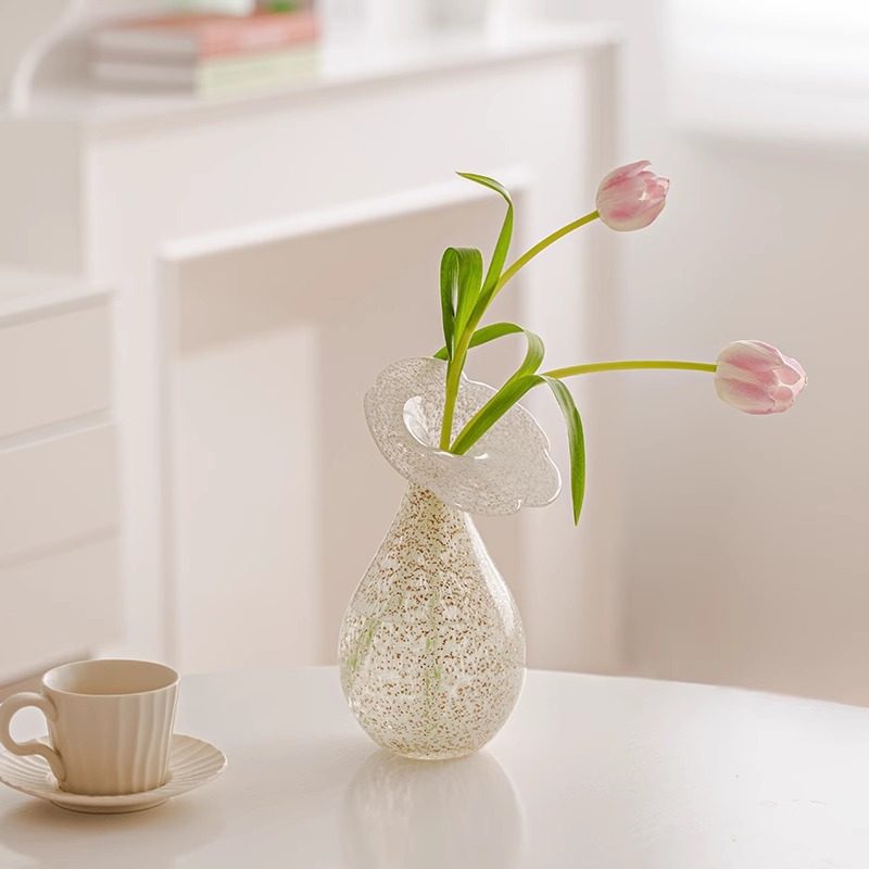 高级感白色玻璃花瓶摆件法式中古客厅桌面水养插花装饰电视柜花器