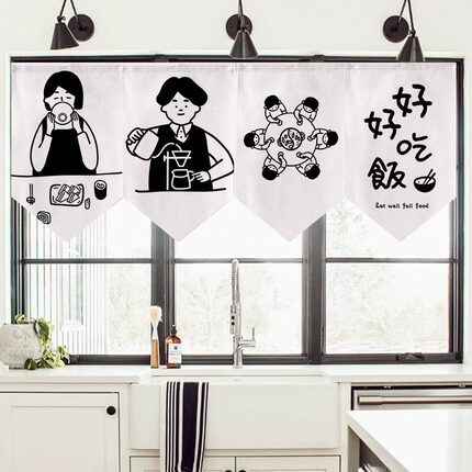 厨房隔断帘短帘子日式餐厅窗户遮挡帘家用门帘半帘三角旗帘免打孔