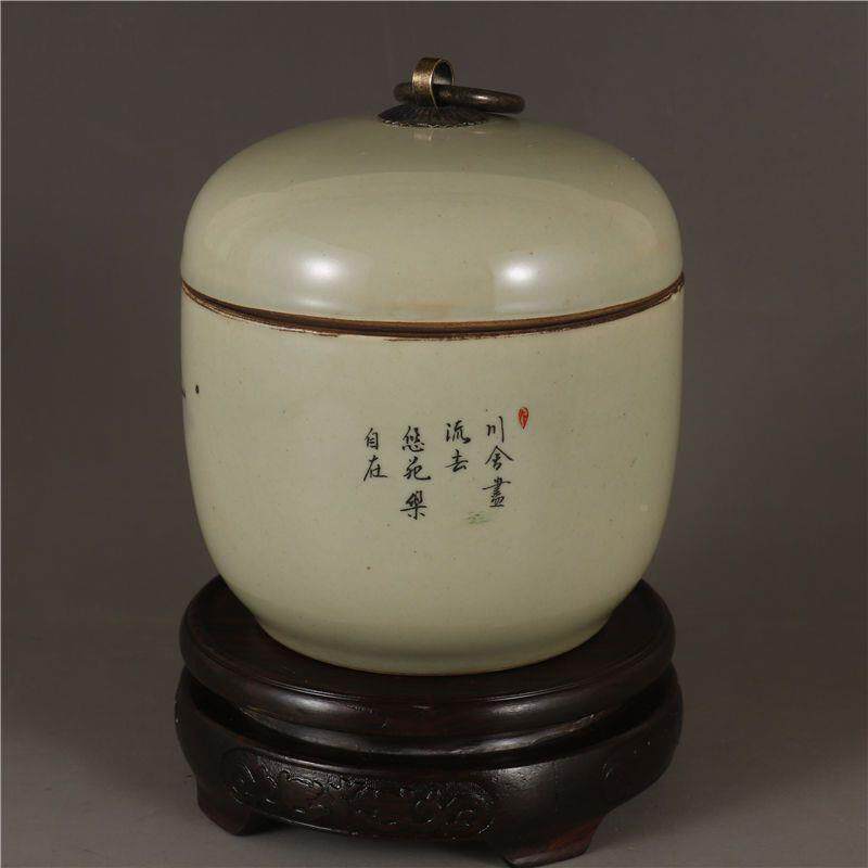 民国居仁堂山水人家铜环盖罐茶叶罐古董仿古瓷器摆件老物旧货收藏