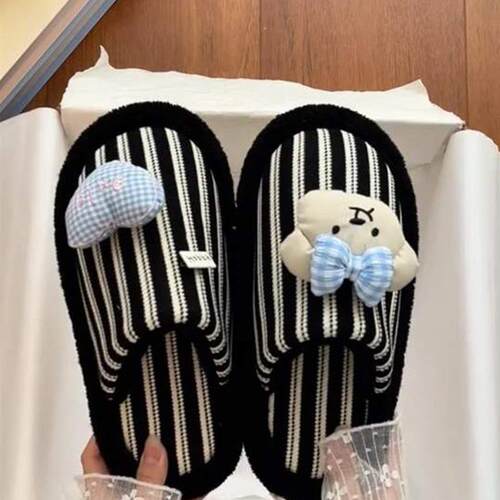 条纹棉拖鞋女款居家冬季拖鞋包头