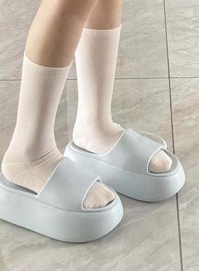 奶蓝色厚底拖鞋女外穿增高6cm一字拖夏季海边沙滩EVA防滑防臭凉拖