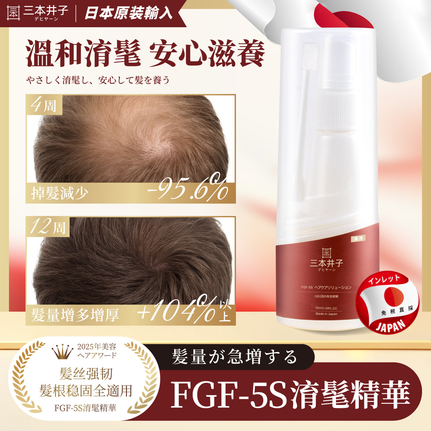 【日本进口】三本井子FGF-5S基因淯髦头发际线营养剂增密增长多