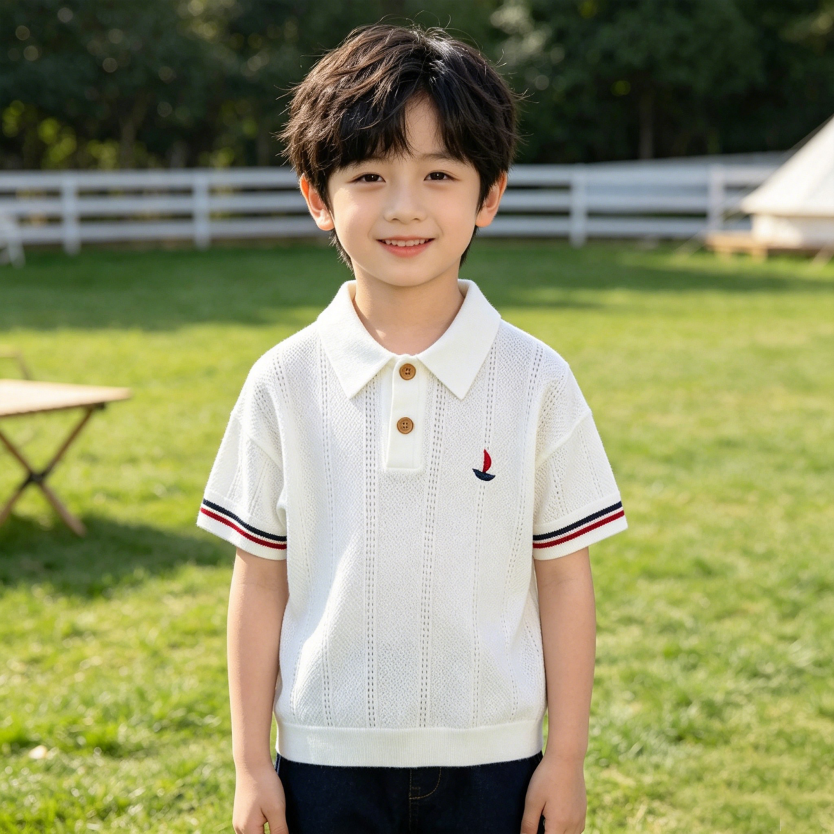 儿童帆船针织短袖polo衫2026夏装薄款镂空男童上衣女童夏季t恤潮 - 实物图