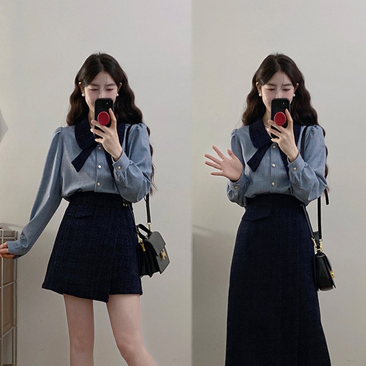 实拍大码女装2025春季新款韩系小香通勤衬衫+高腰遮肉显瘦裙裤