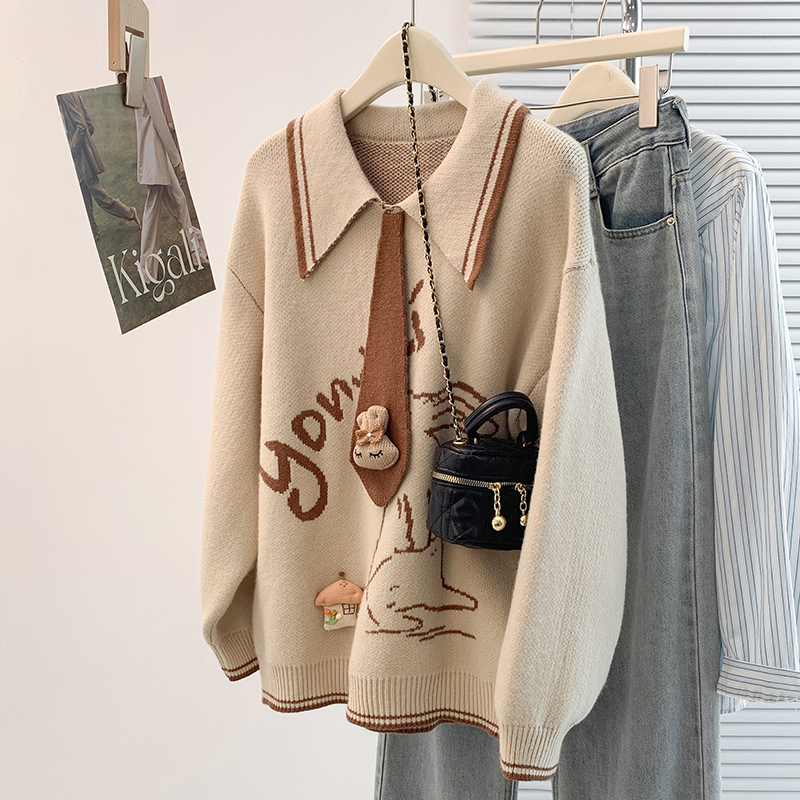 学院风POLO领兔子刺绣毛衣女秋冬新款胖MM洋气减龄慵懒显瘦针织衫