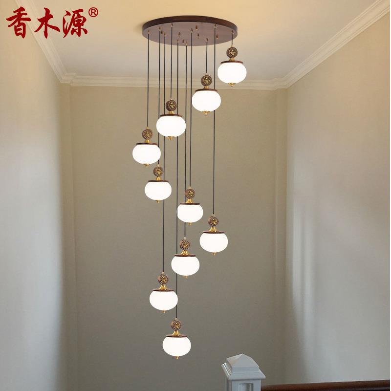 新中式全铜楼梯长吊灯别墅复式楼灯中国风简约大气挑高旋转灯8089