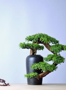 新中式家居盆景仿真迎客松罗汉松根雕摆件客厅电视柜玄关柜装饰品