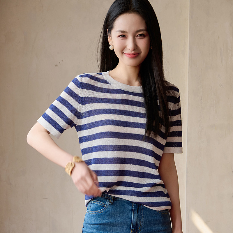 现货春夏季新款圆领桑蚕丝拼色条纹T恤亲肤百搭宽松韩版上衣女装