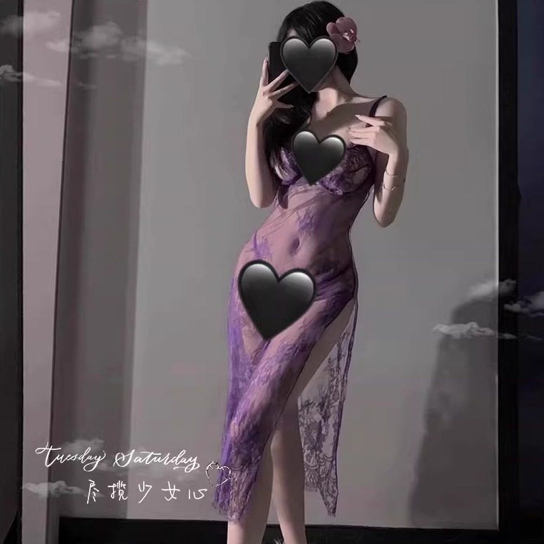 辣妹任务：嫣紫微醺夜*韵味紫色蕾丝开叉女长裙性感气质吊带睡裙