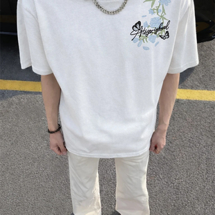 美式潮牌高级感纯棉短袖重磅高街刺绣男款青少年圆领2026情侣上衣