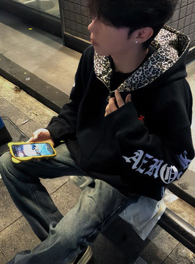 黑色卫衣男款美式高街hiphop重磅连帽刺绣国潮秋冬季轻奢拉链外套