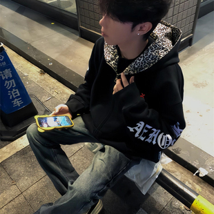 轻奢拉链外套 高街hiphop重磅连帽刺绣国潮秋冬季 黑色卫衣男款 美式