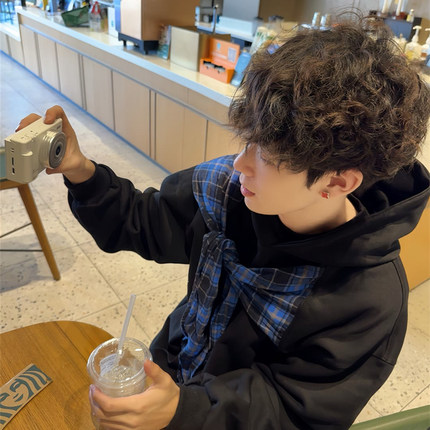 复古美式蝴蝶结绑带格子拼接连帽卫衣男款秋冬设计感小众上衣外套