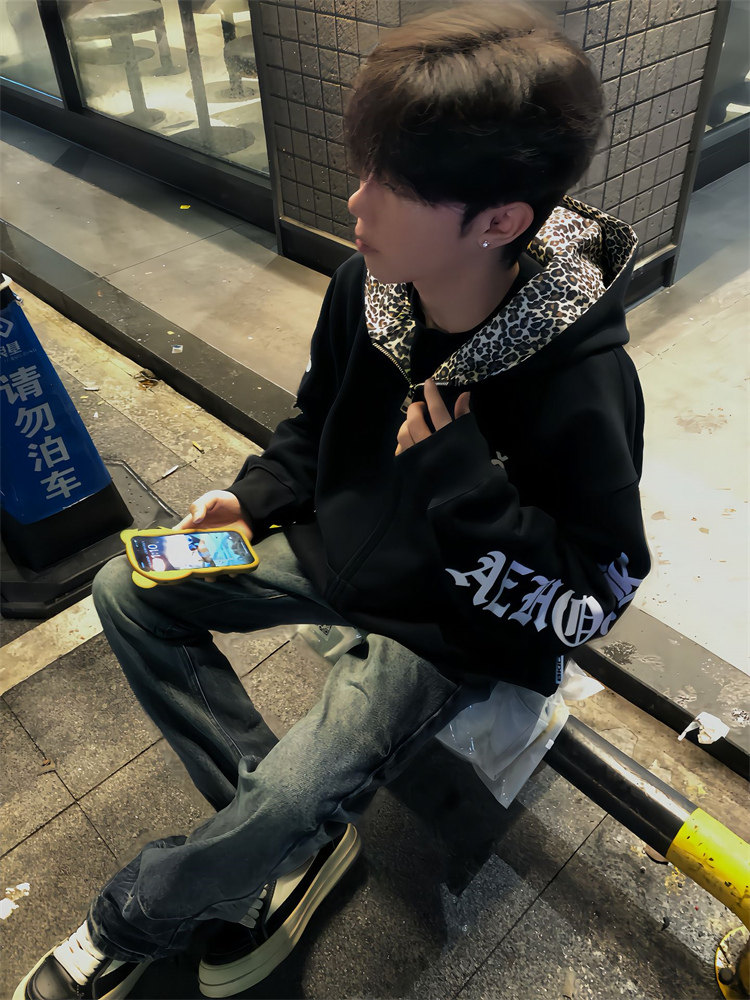 卫衣男款美式高街慵懒chic拉炼刺绣秋冬款独特超好看帽衫开衫外套