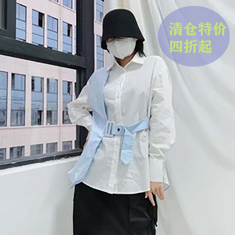 秋季2024新款时尚显瘦拼色腰带设计假两件衬衫衬衣外套女