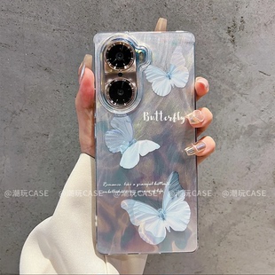 ins风小清新蓝色优雅蝴蝶适用荣耀60/70pro手机壳高级感500/400pro网红爆款手机壳300/200好看的保护套女生