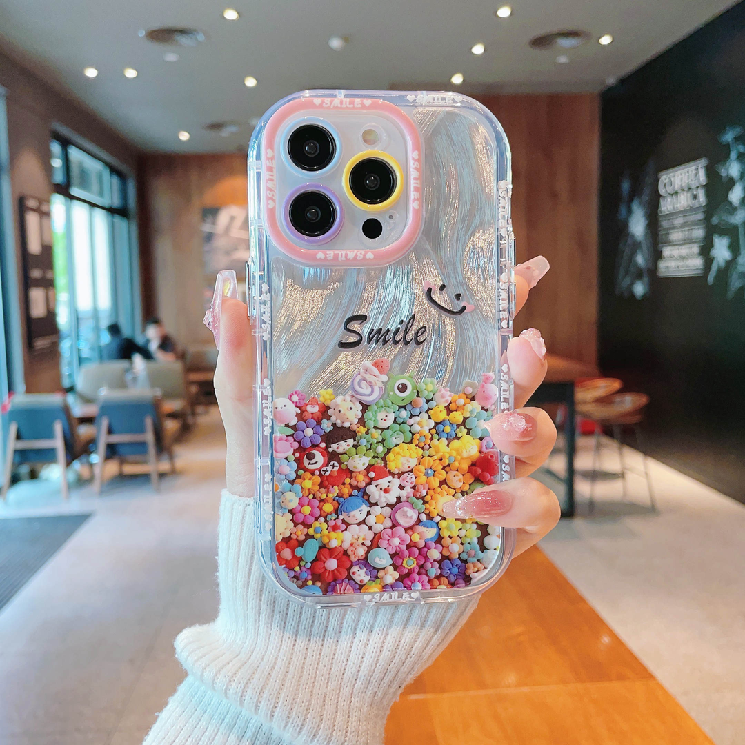 ins风小清新笑脸彩色黏土花适用苹果15promax手机壳高级感iPhone14极光渐变羽毛纹13手机套12/xs防摔保护套女