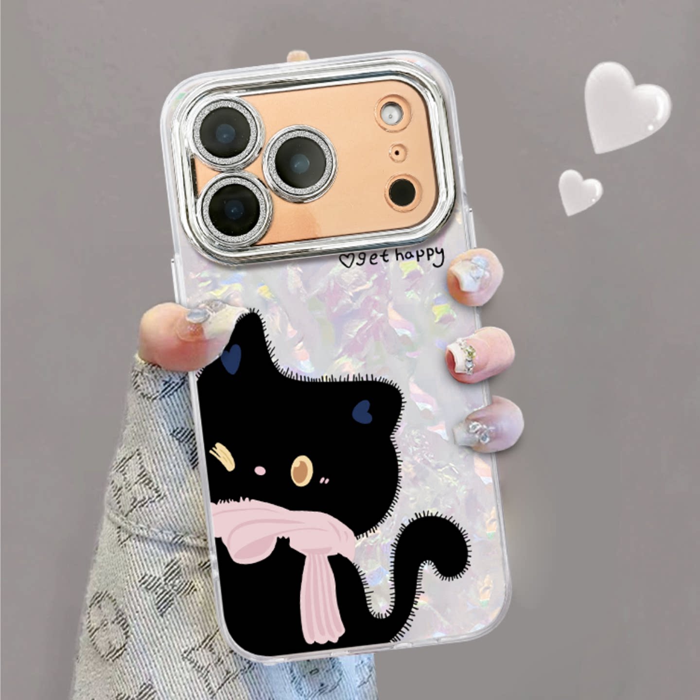 小清新黑色小猫适用苹果17promax手机壳新品高级感iPhone16/15网红爆款贝壳纹手机壳14/13/12防摔保护套女生图片