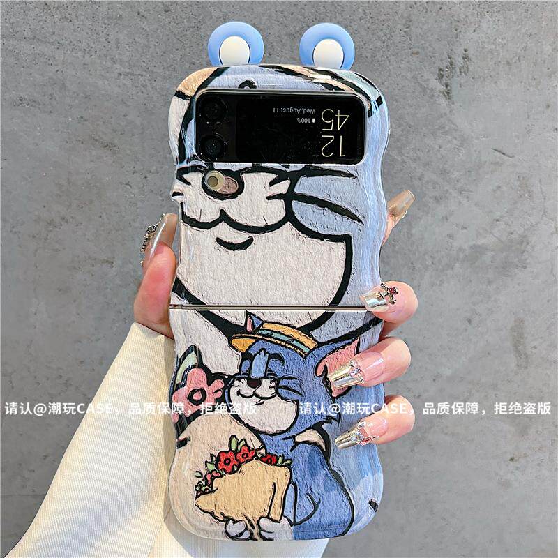 ins风蓝色汤姆猫粉色玛丽猫适用三星zflip3/4手机壳新款高级感小众网红折叠手机壳zflip5/6硅胶防摔保护套女