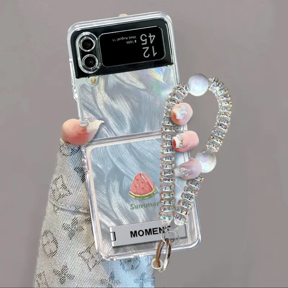 ins风轻奢感小清新蓝色西瓜适用三星zflip4/3手机壳高级感极光渐变羽纱折叠手机壳zflip5/6硅胶防摔保护套女