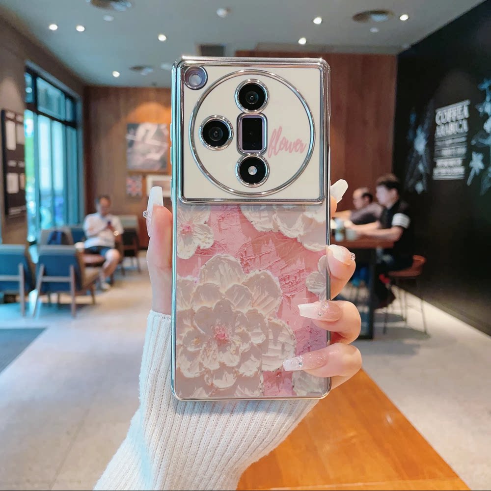 ins风立体感油画粉色花朵适用oppofindx7pro手机壳高级感findx6网红大视窗手机套findx5/x3pro防摔保护壳女