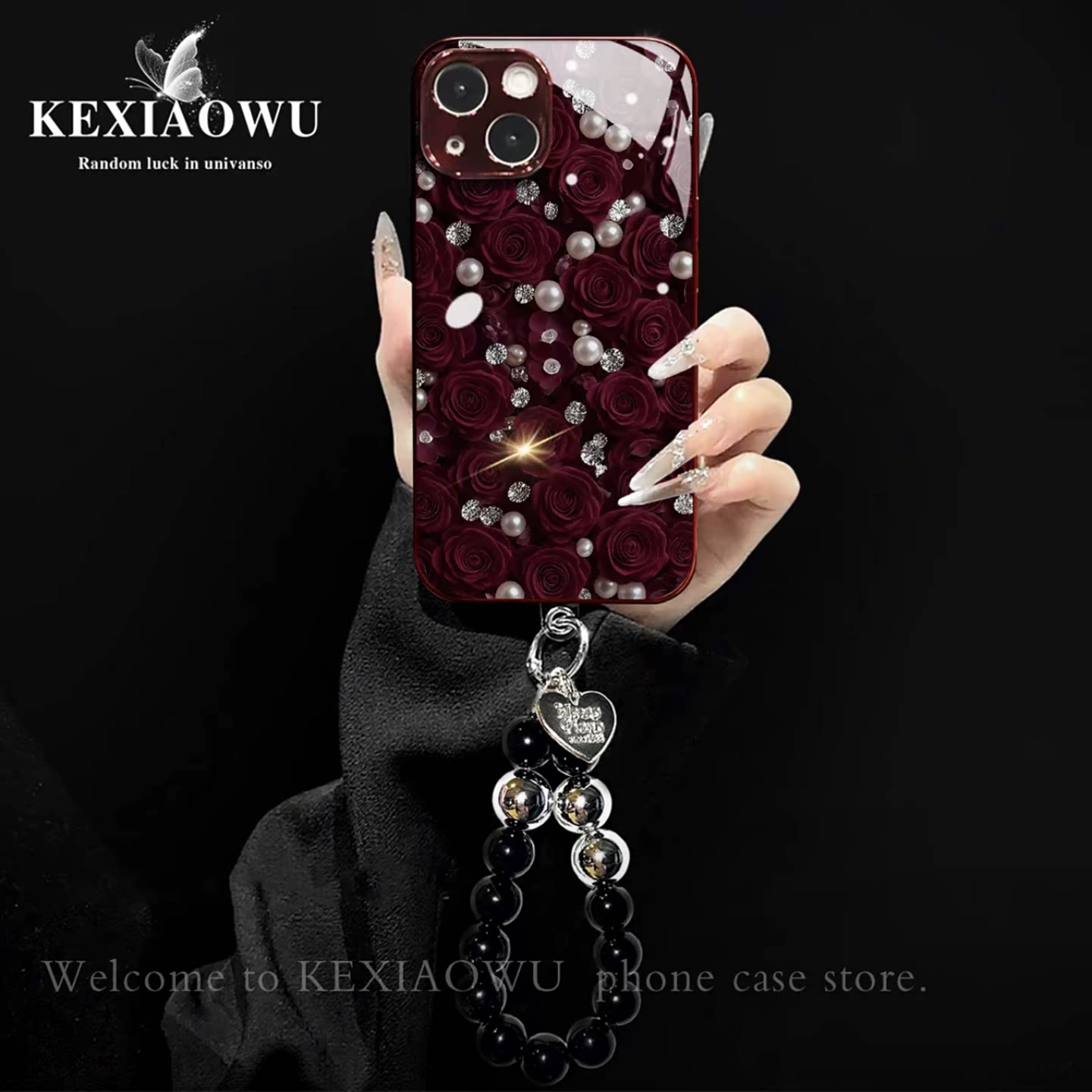 酒红色玫瑰花珍珠适用苹果13/14手机壳新品高级感iPhone17promax网红爆款手机壳16/15好看的外壳气质保护套女