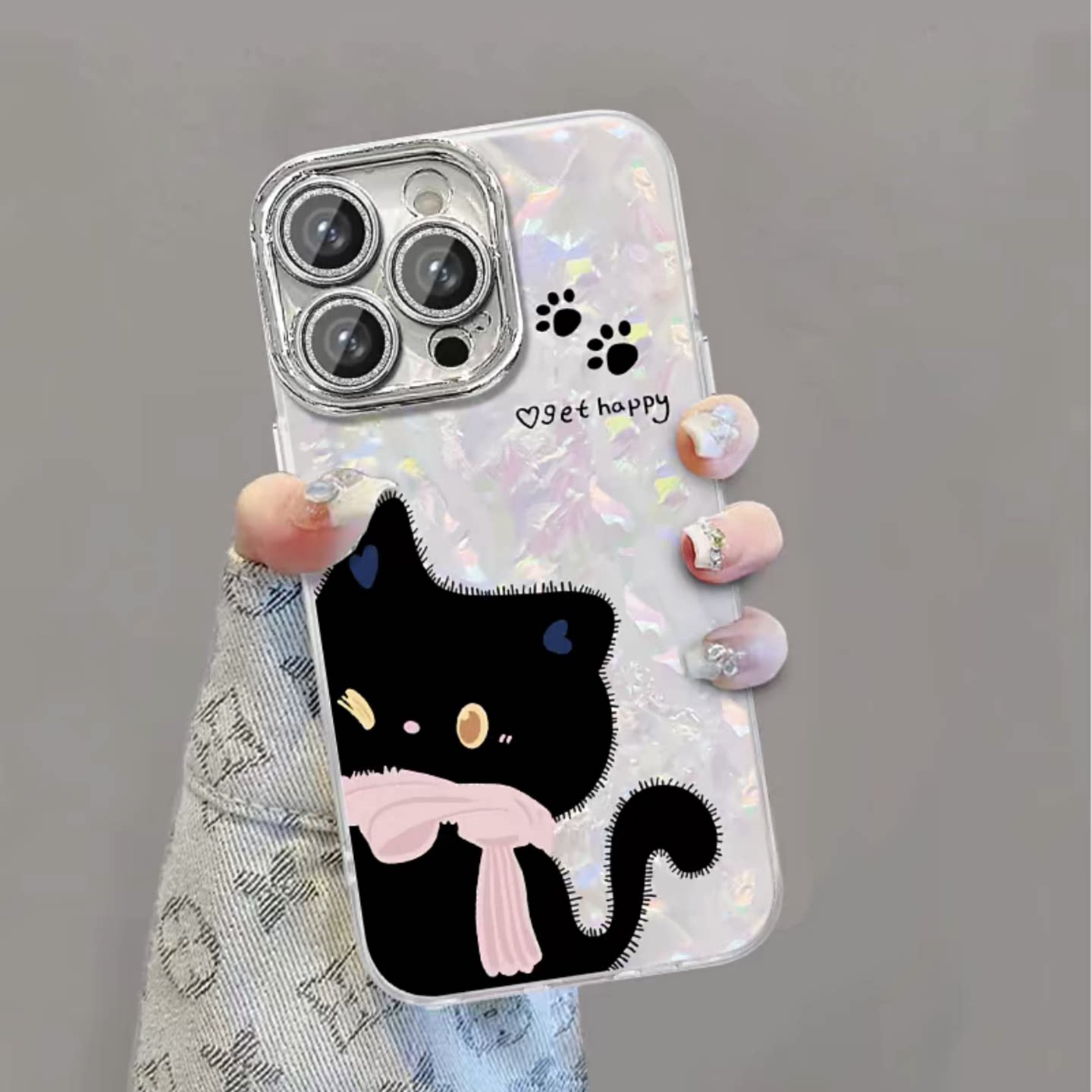 小清新黑色小猫适用苹果16promax手机壳新品高级感iPhone17pro网红爆款贝壳纹手机壳15/14/13防摔保护套女生图片