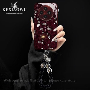 酒红色玫瑰花珍珠适用vivox200pro手机壳新品高级感x300pro网红爆款手机壳x100/x90/x80好看的外壳保护套女生