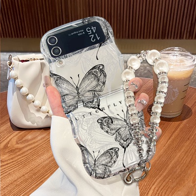 ins风小清新水墨画复古蝴蝶适用三星zflip3手机壳新款高级感zflip4波浪折叠手机套zflip5硅胶防摔保护套女