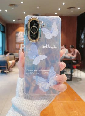 ins风小清新蓝色渐变蝴蝶适用华为nova10pro/9手机壳高级感极光渐变羽毛纹手机套mate60/50pro防摔保护套女