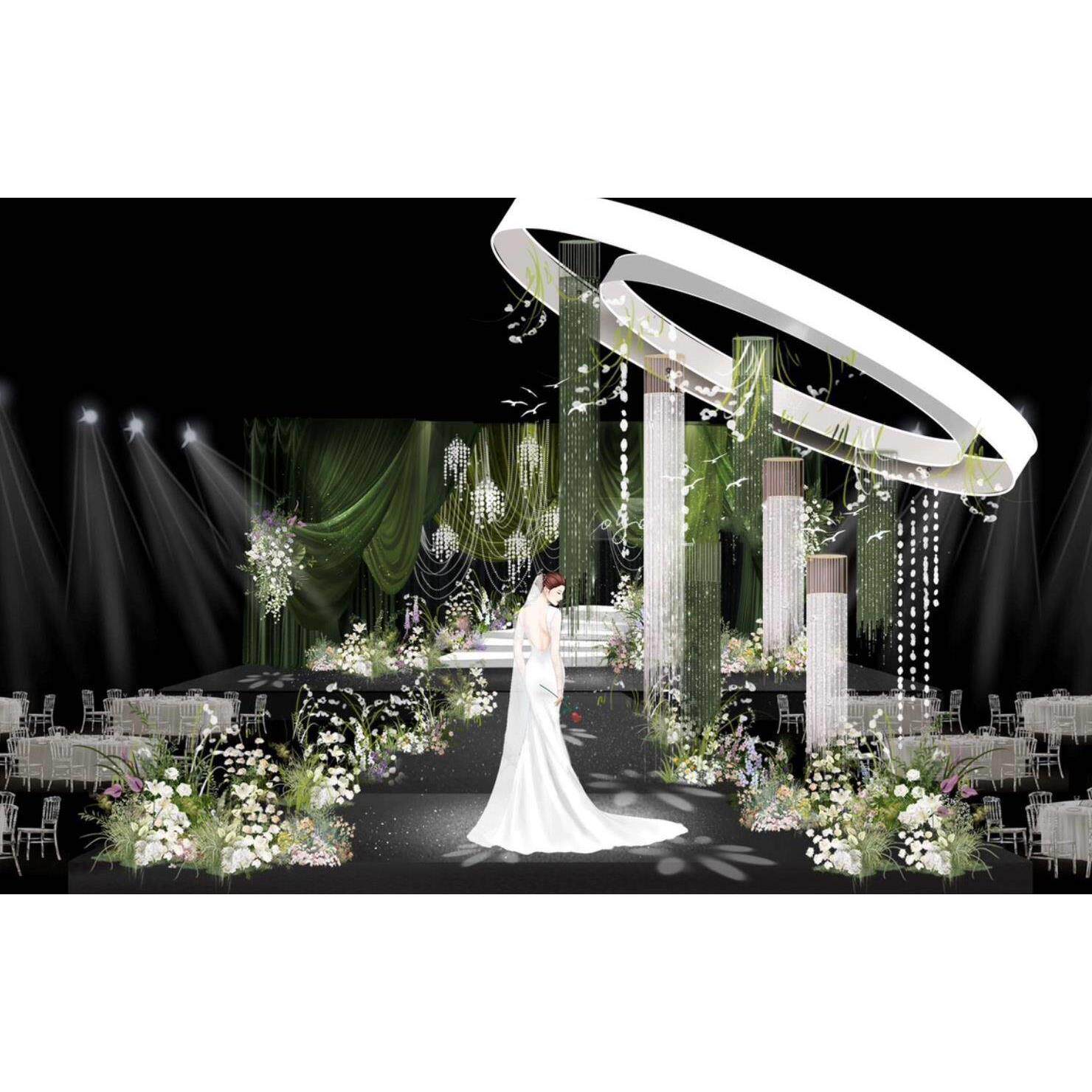 白绿色布缦婚礼主舞台圆形道具水晶浪漫婚礼效果图psd素材分层