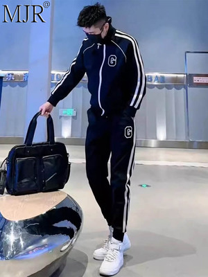 高端拼接条纹休闲套装男士春秋季新款潮流时尚运动立领外套一整套