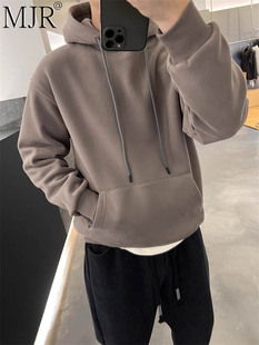 潮牌男士秋冬款连帽卫衣加绒加厚纯色上衣痞帅高级感男装外套男款