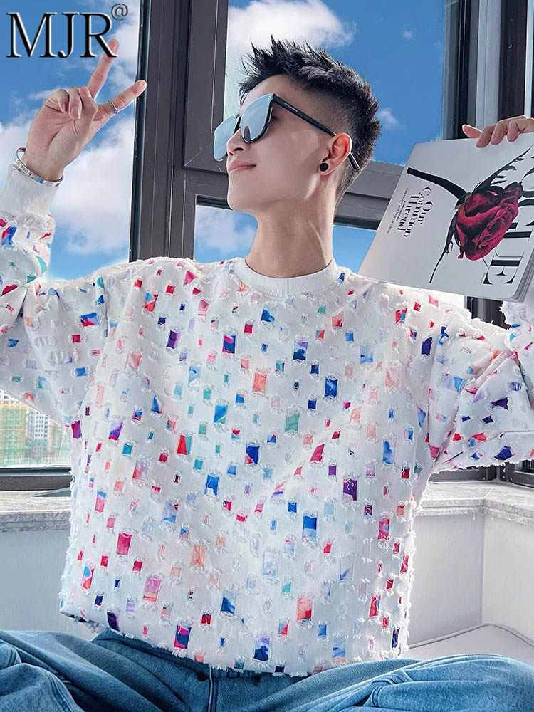 时尚格子卫衣男士春秋冬季潮牌痞帅设计感内搭打底衫男款圆领上衣