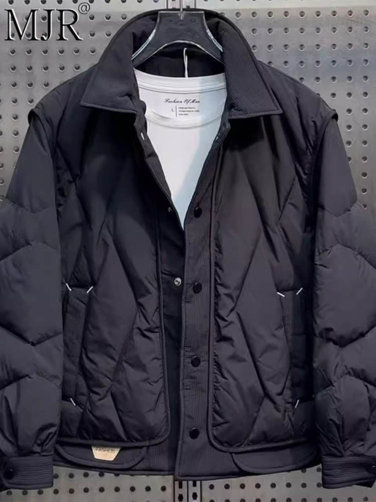 高端轻薄羽绒棉服男款冬季潮牌假两件翻领外套男士保暖短款棉衣服