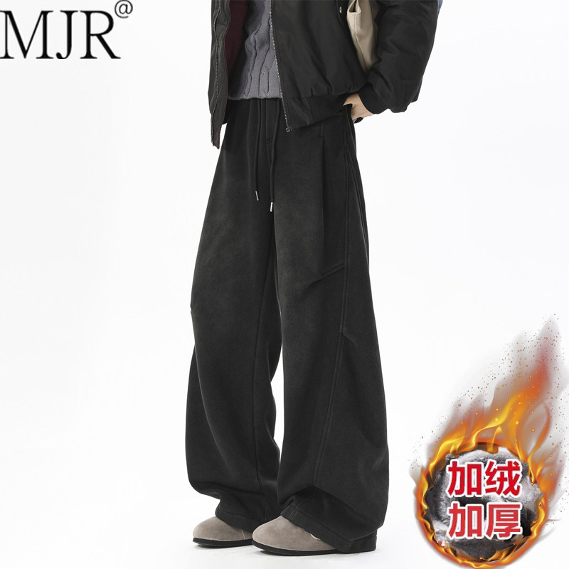 裤子男款冬季加绒卫裤2026新款潮牌美式痞帅弯刀裤男休闲运动长裤