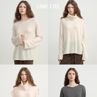打底 羊绒羊毛坑条围脖新品 LINE CIEL羊绒羊毛圆领宽松套头针织衫