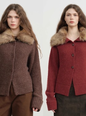 LINE CIEL羊毛羊驼毛可拆卸毛领针织开衫毛衣圣诞节日红色新年