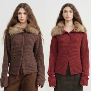 LINE 毛衣圣诞节日红色新年 CIEL羊毛羊驼毛可拆卸毛领针织开衫