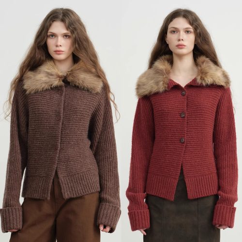 LINECIEL羊毛拆卸毛领针织开衫