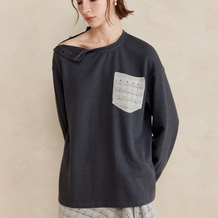 LINE CIEL侧肩两穿宽松针织口袋加绒卫衣Tee休闲百搭25秋冬新品