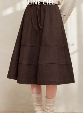 LINE CIEL牛皮绒线条拼接松紧腰系带长半裙25秋冬新品休闲简约