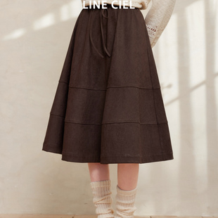 LINE 休闲简约 CIEL牛皮绒线条拼接松紧腰系带长半裙25秋冬新品