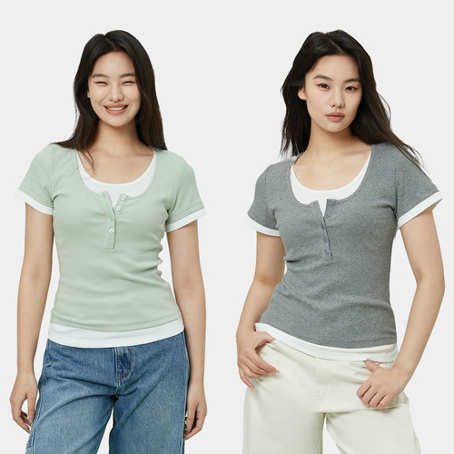 ROSEPLUS 大码辣妹假两件短袖t恤女夏季2025新款撞色修身显瘦上衣