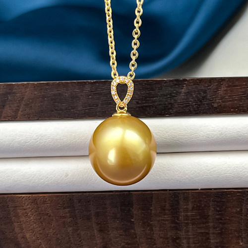 12-13mm18k金南洋金珠海水珍珠吊坠项链不含链孤品强光气质