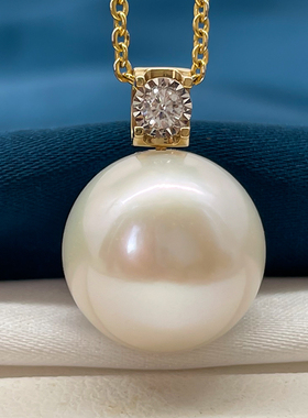 13-14mm18k金牛头款白色爱迪生珍珠吊坠淡水强光赛澳白单颗项链坠