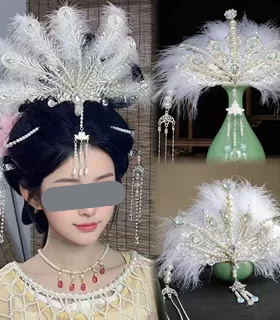 女儿国国王同款羽毛发冠嫦娥凤冠清冷感凤凰流苏气质头饰古风发饰