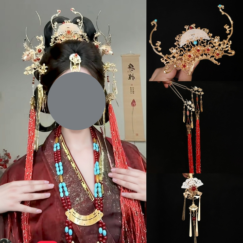 古风战国袍头饰发冠发簪掩鬓U钗楚朝女帝汉服红色长流苏发饰全套