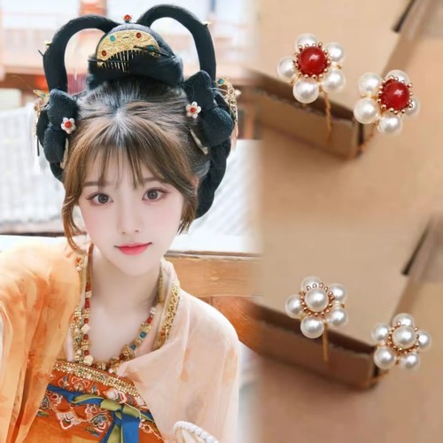 唐风珍珠小花发钗汉服头饰古风发饰古装发簪百搭掩鬓点缀U钗饰品