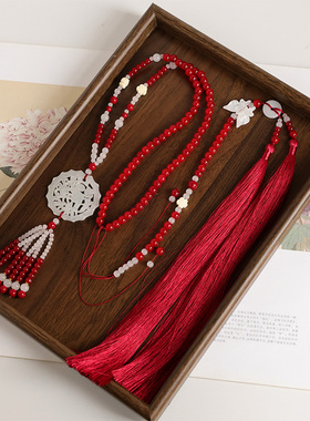 新年红色璎珞马面裙吊坠流苏汉服长背云项圈国风项链毛衣链配饰品